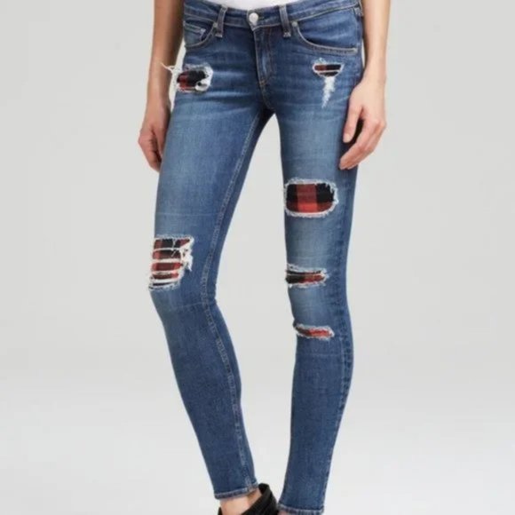 Rag & Bone Sloane Tartan Plaid Patch Distressed Skinny Jeans Size 25 - Picture 2 of 3